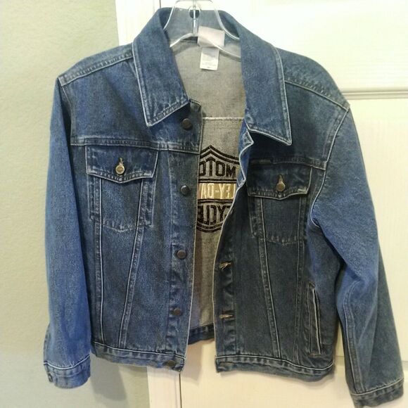 Harley Davidson Womens Patch Logo Distressed Jean Jacket Size L 14/16 $285 NICE! - Picture 5 of 12